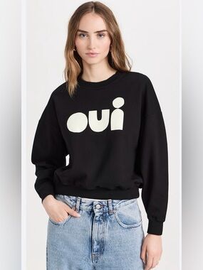 Clare V Le Drop Black Sweatshirt with cream 'oui' Graphic, Medium